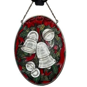 Amia Denver Stained Glass Christmas Silver Bells Handpainted Sun Catcher 5” x 7”